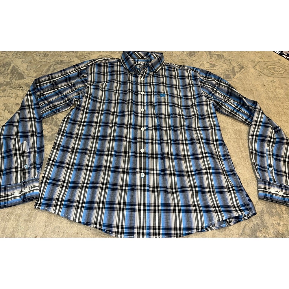 NWOT Cinch Boys Youth Button Down Plaid Blue Long Sleeve Shirt Size XXL 16-18